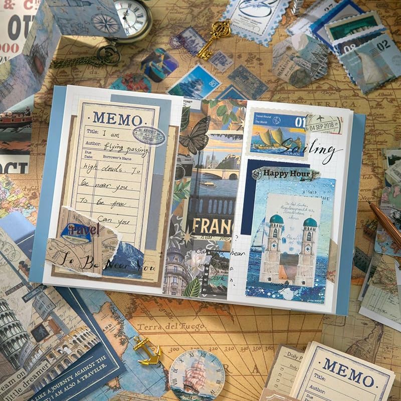 Image of WEMOL Vintage Journal Scrapbook Pack Kit for Art Journaling Bullet, Planners DIY Paper Stickers, Craft Kits Notebook, Collage Album Aesthetic Sticker (Blue Global Travel)