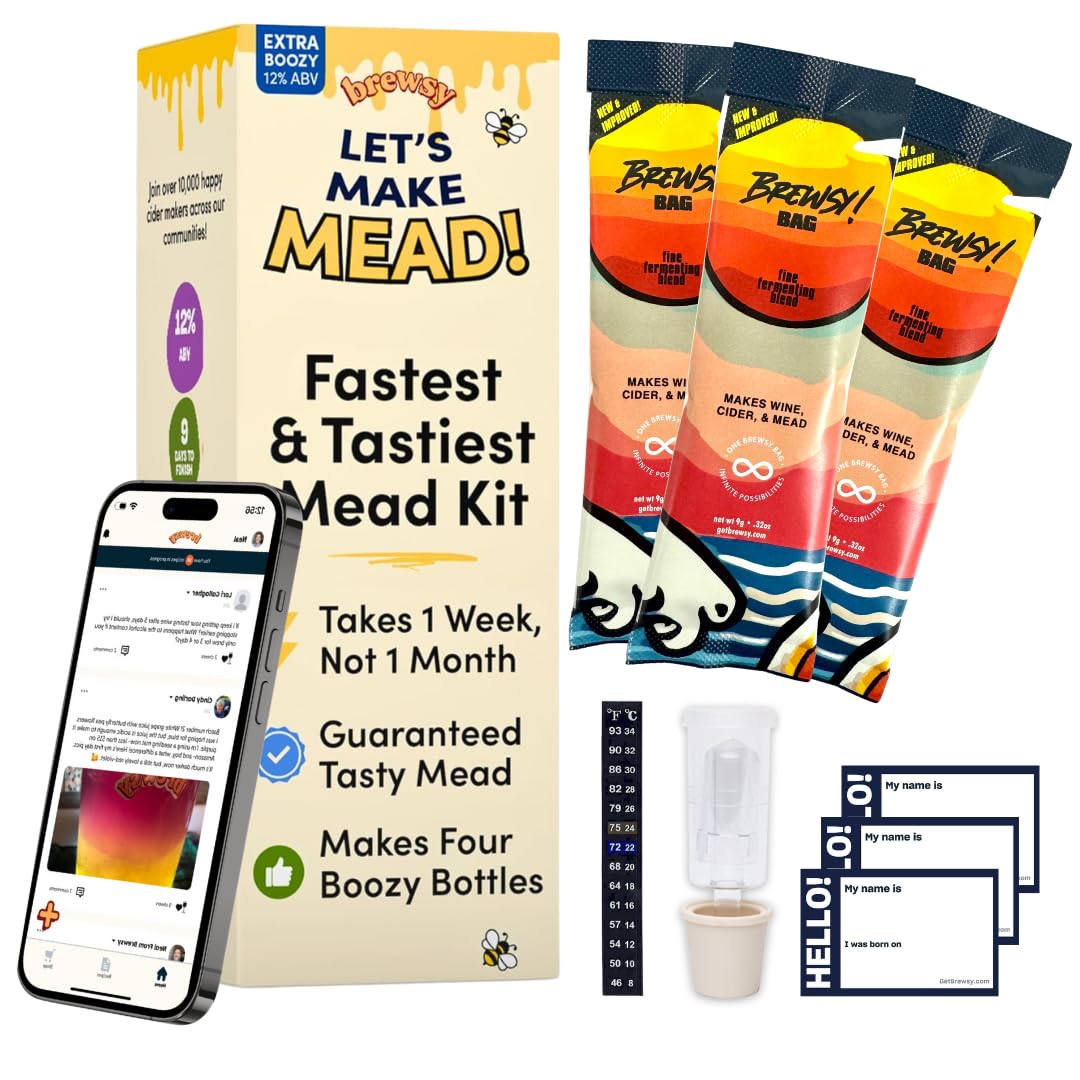 Brewsy Starter Kit for Mead Making - Custom Mead Kit - 4 Bottles in 9 Days - Use Any Juice