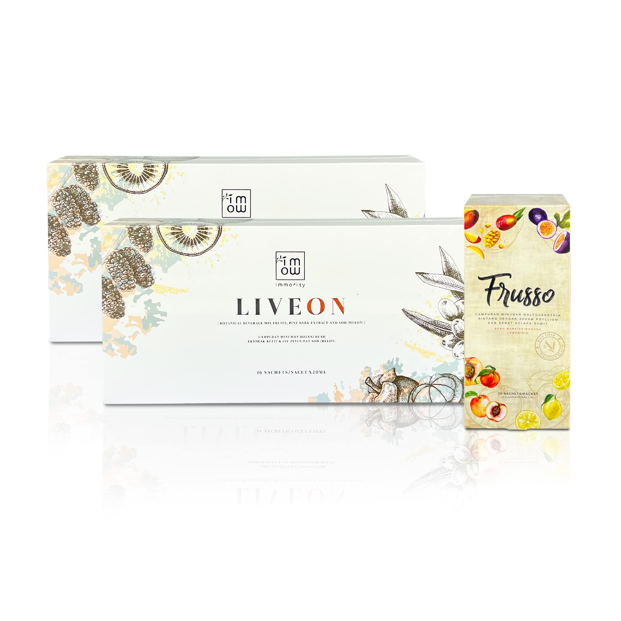 (2) Immority Liveon 100% Natural Pine Bark Extract 20ml Reverse Sign of Aging to Support Youthful Skin + (1) Frusso Fruity Fiber Detox Naturally Cleanse Colon to Support Digestive System