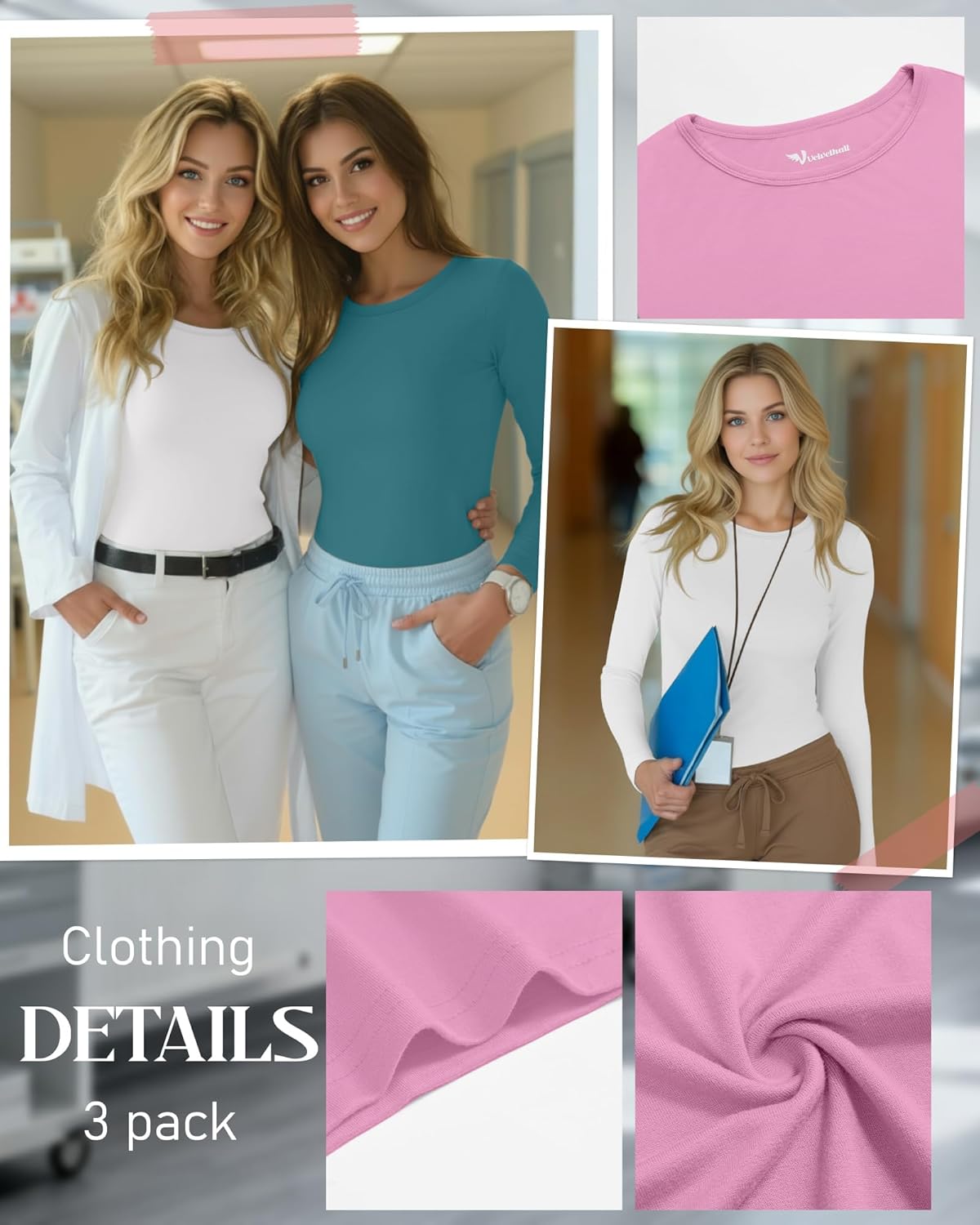 3 Pack Women's Under Scrub Shirts Long Sleeve Crew Neck Slim Fit Tees Basic Casual Soft Undershirts for Nurse - Image 2