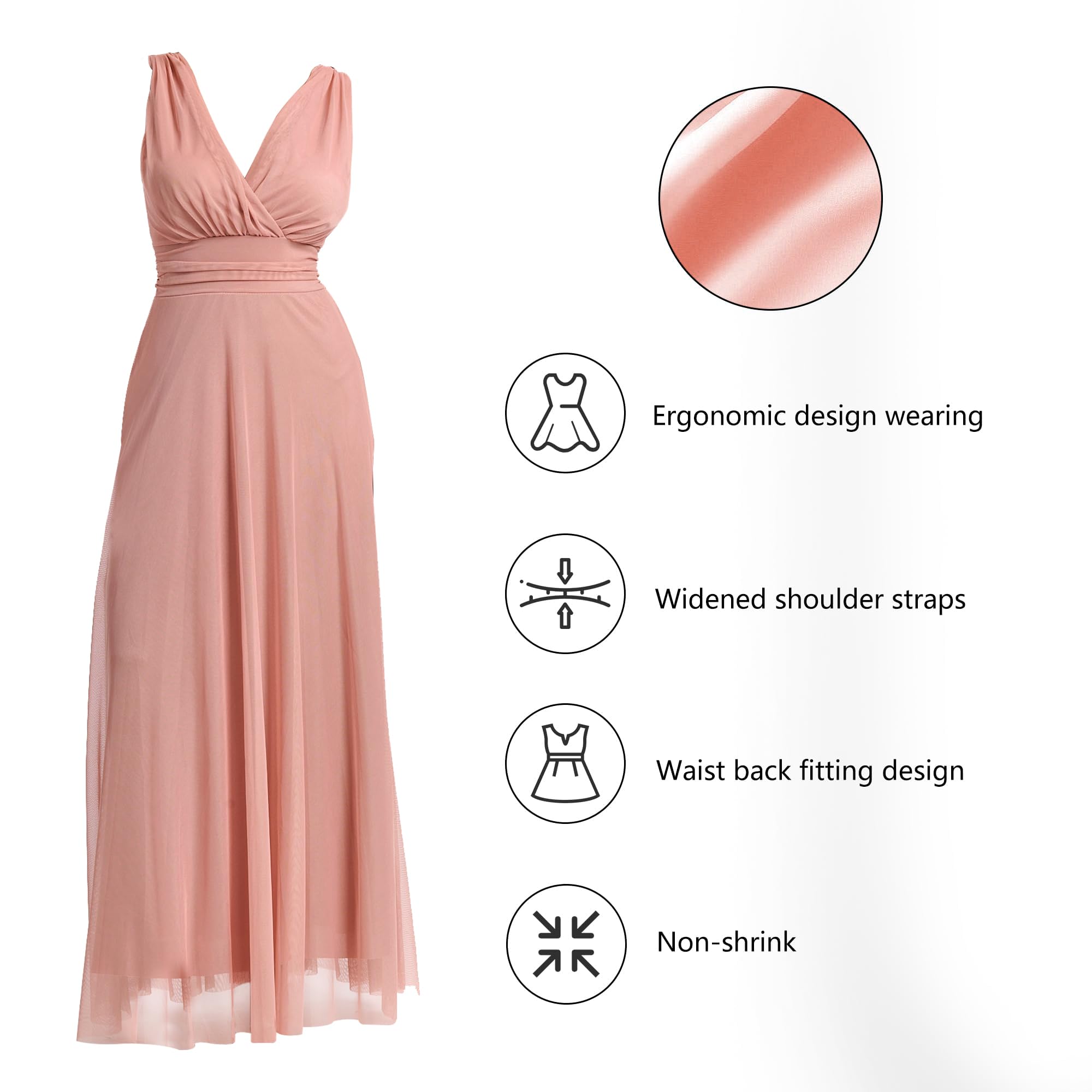 Langes Festkleid für Damen, aus elastischem Tüll mit V-Ausschnitt, hergestellt in Italien