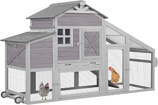 GUTINNEEN Chicken Coop with Wheels, Chicken Run Outdoor Wooden Hen House 65" with Large Nesting Box, Poultry Cage with Removable Tray, UV Proof Roof, Grey