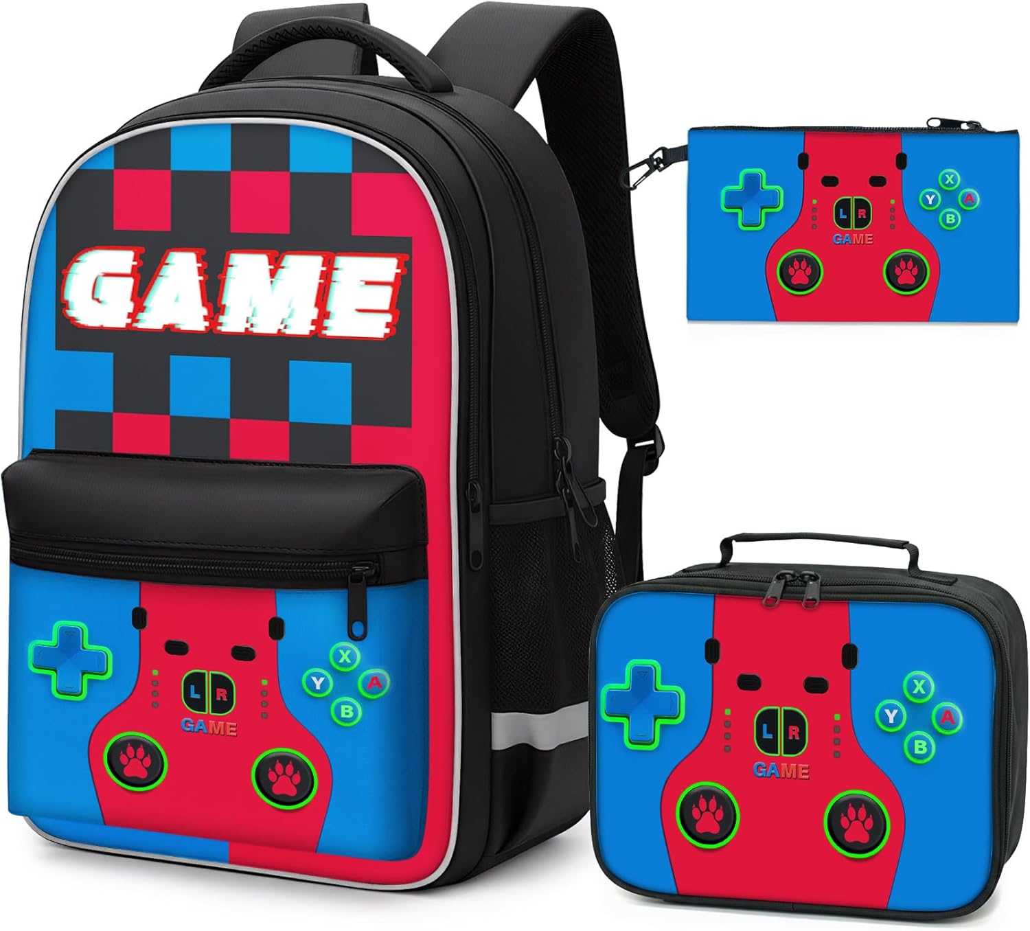 3-in-1 Gamer Backpack Set for Boys Teens - 16.5 Inch Large Capacity Video Game Bookbag with Insulated Lunch Bag & Sturdy Pencil Pouch, Fits Laptop/Textbooks, Ideal for Elementary Middle High College