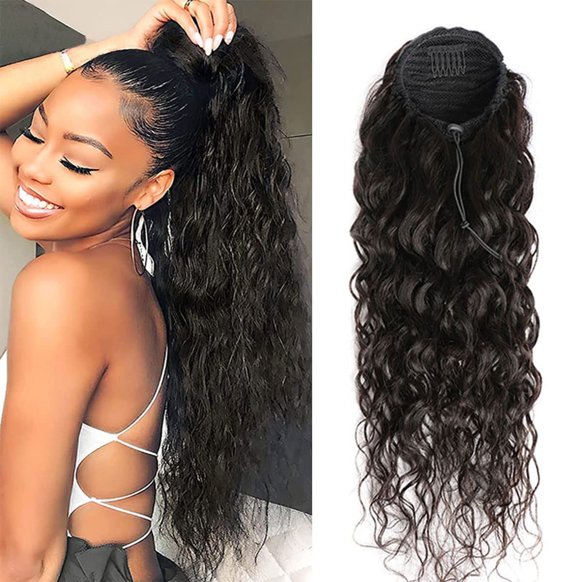 Water Wave Ponytail Human Hair Drawstring Ponytail