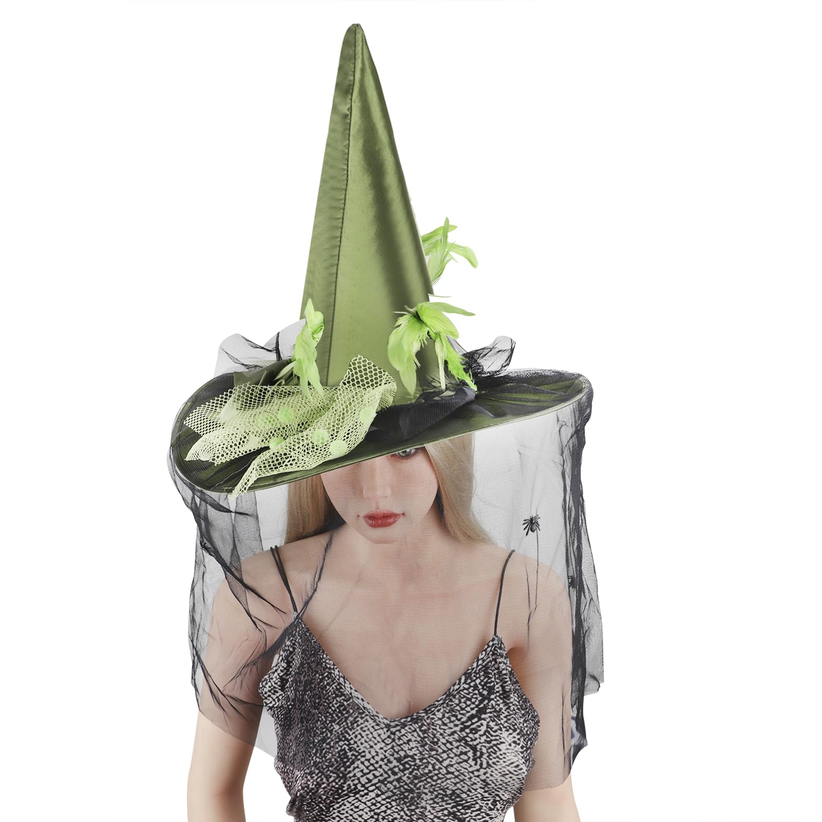 Moonlove Green Witch Hat Veil Floral Feather Vintage Witch Hat for Women Cosplay Halloween Party Gothic Costume Fancy Dress - Image 3