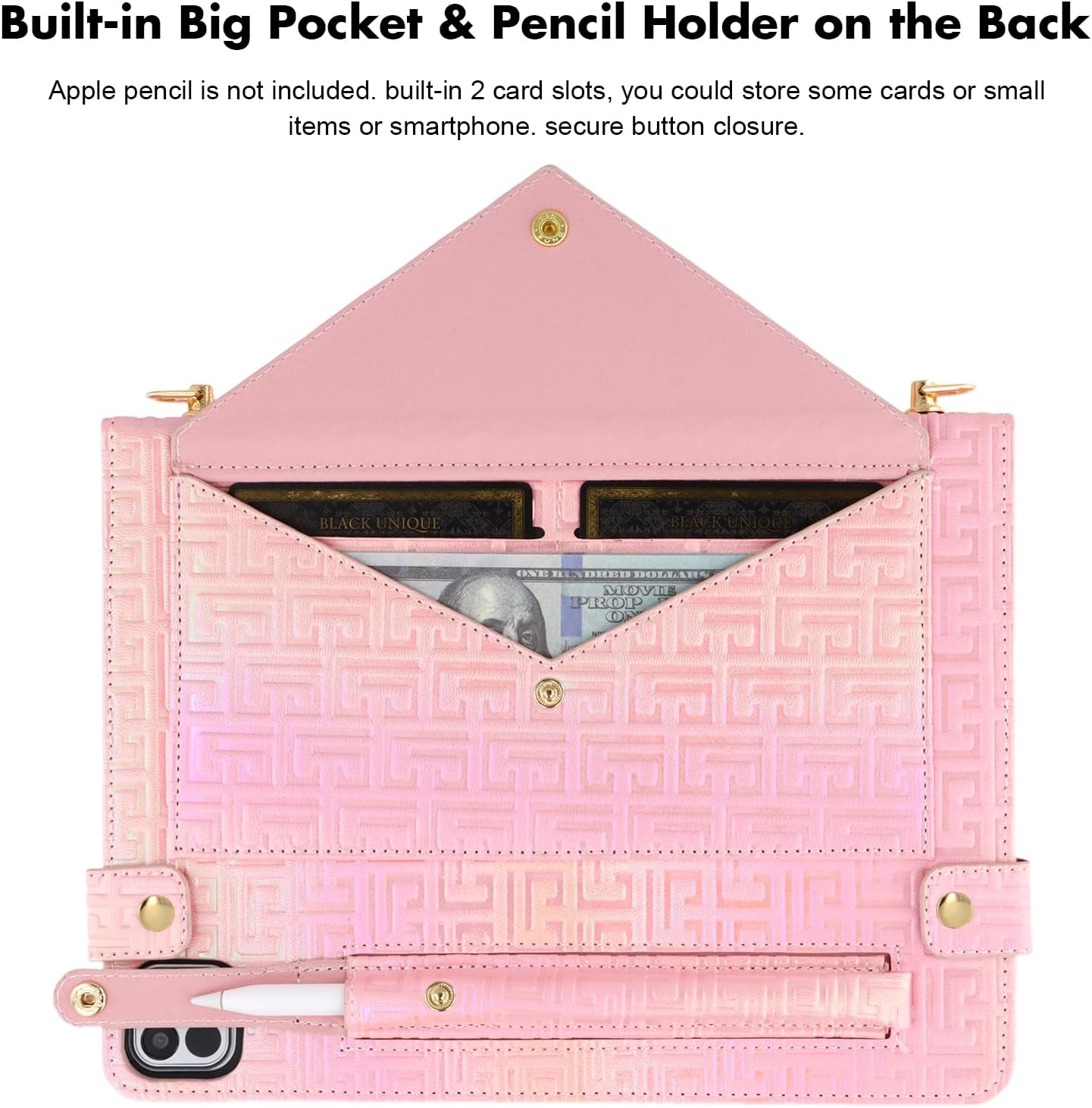 Dteck for iPad Pro 13" (M4/M5) Glitter Gradient PU Leather Folio Case with Shoulder Strap, Pencil Holder, Pocket, Card/Cash Slots, Button Closure, Heavy Duty Protective Fold Stand Cover, Pink Purple