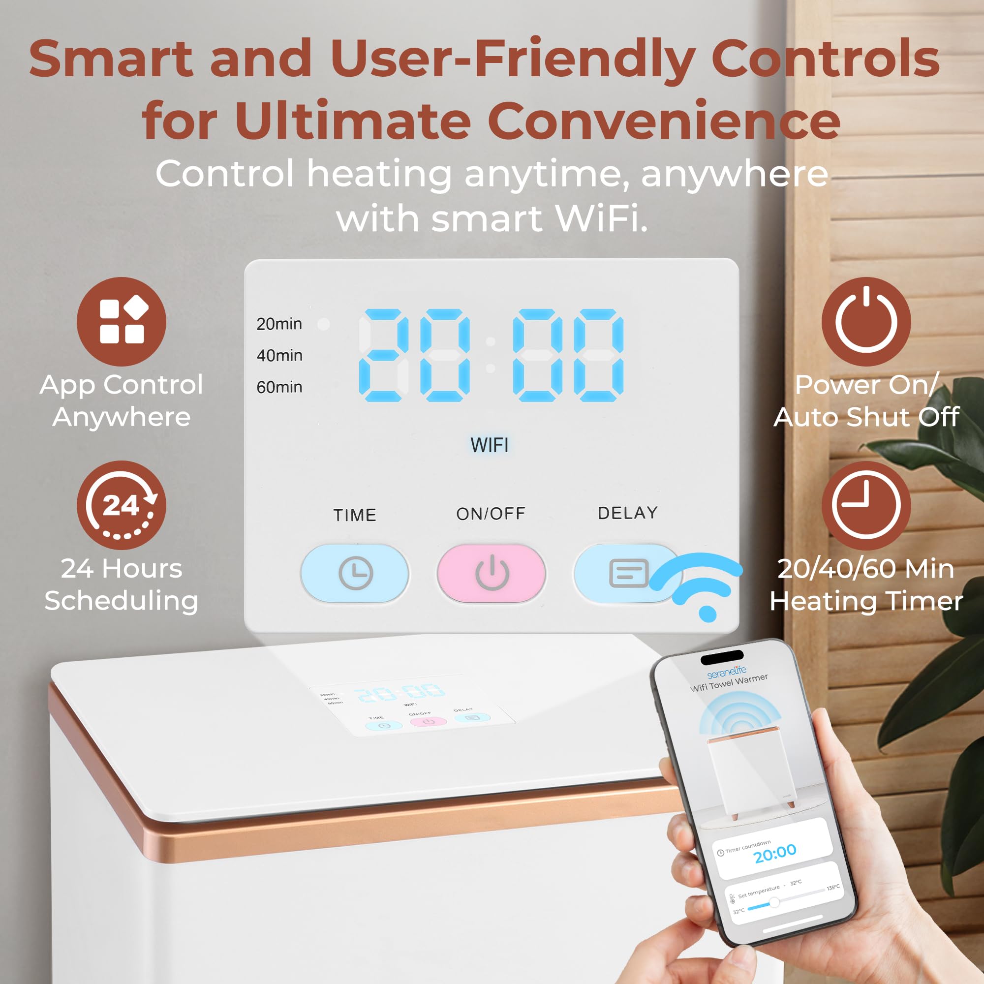 SereneLife WIFI Luxury Rectangle Towel Warmer - Spa & Bathroom Heater with Custom Fragrance, Auto Shut-Off, Fits 2 large Towels, Blankets, Bathrobes, PJ's - Perfect Gift for Him & Her (Rose Gold)