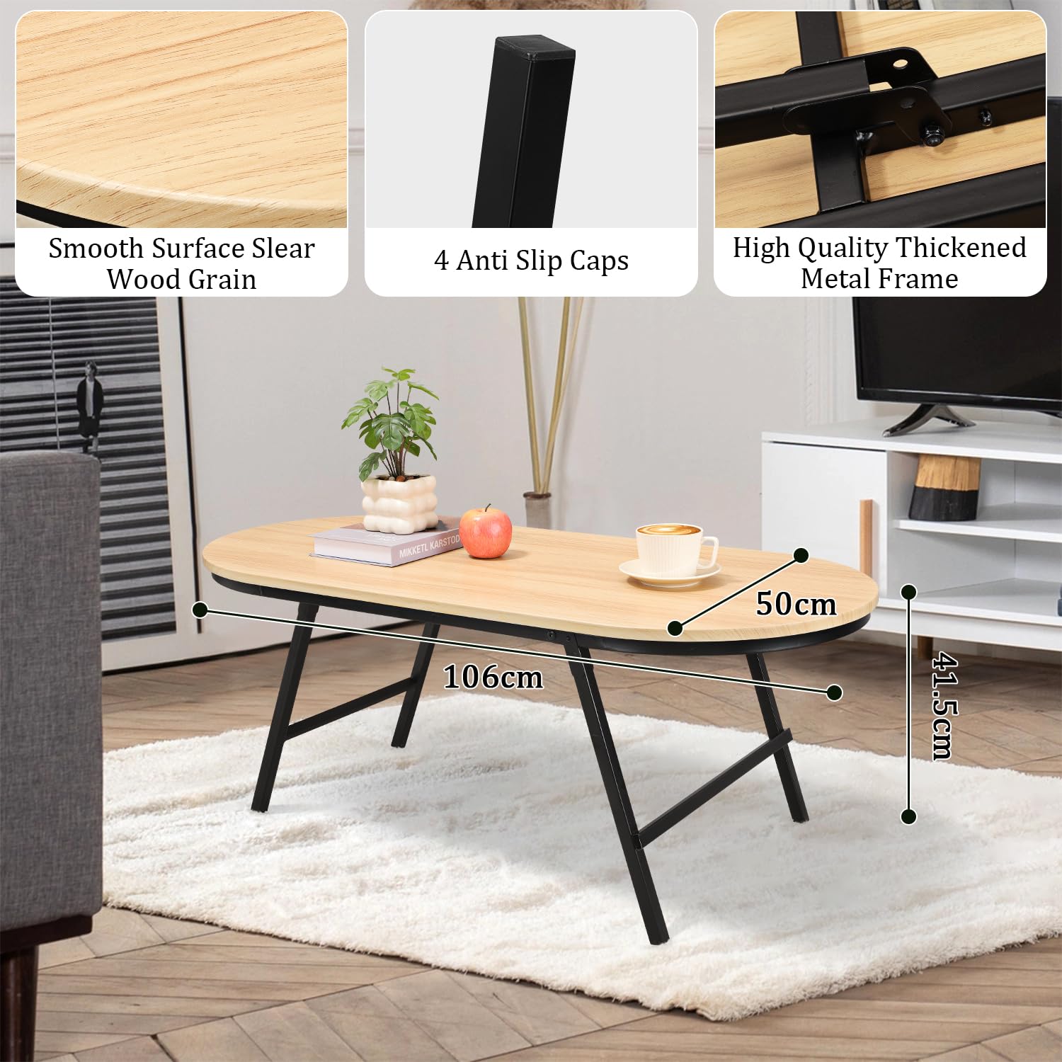 Table basse pliable ovale en bois naturel sans assemblage, table de sol portable pour s'asseoir sur le sol, tables basses pour petits espaces, salon, utilisation en extérieur
