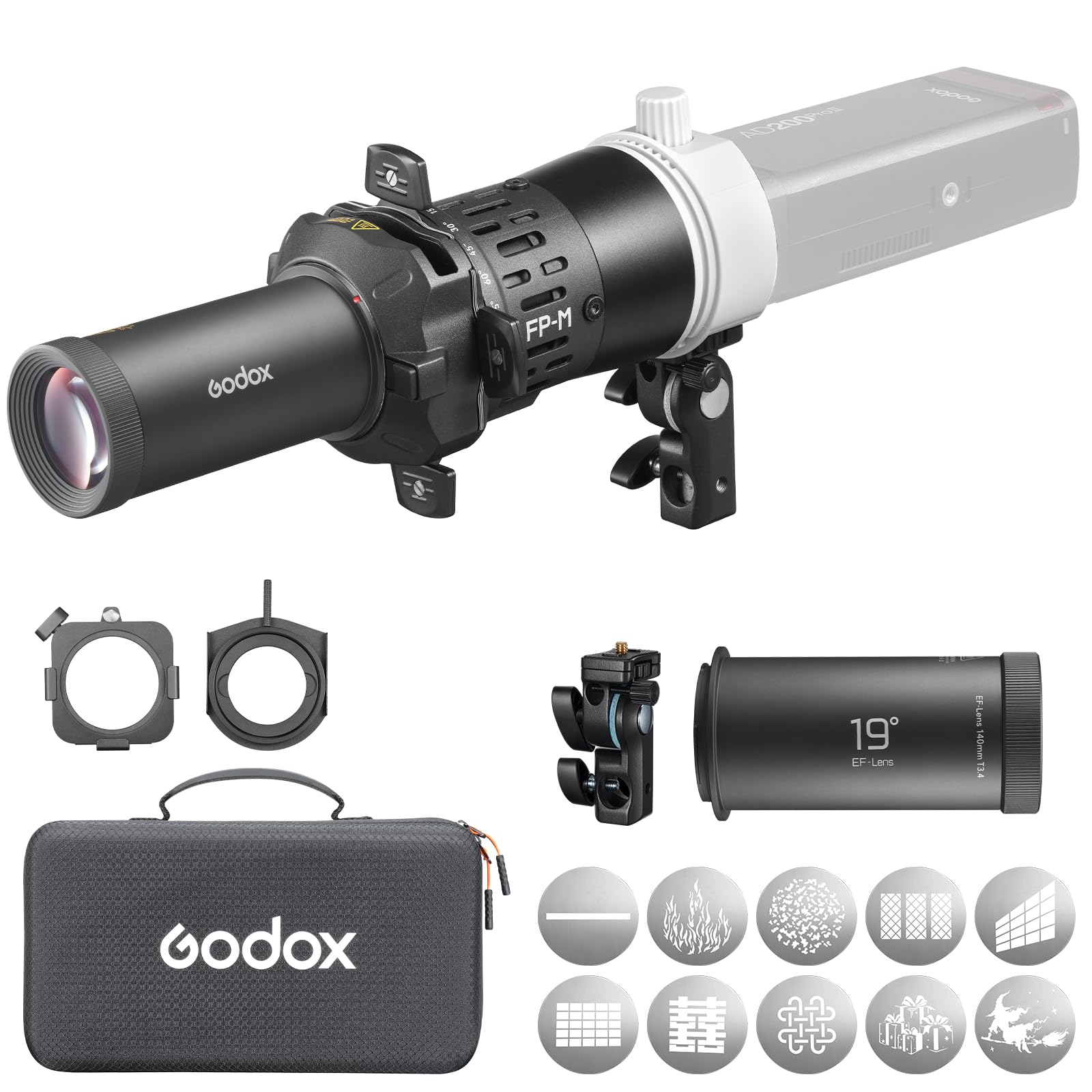 Godox FP-M-19 Snoot per proiettore flash per Fotografia con Supporto per Gobo Cornice Colorata Set Schede con Motivi Compatibile con Tre Obiettivi di Proiezione Una Vasta Gamma Modelli Flash Studio