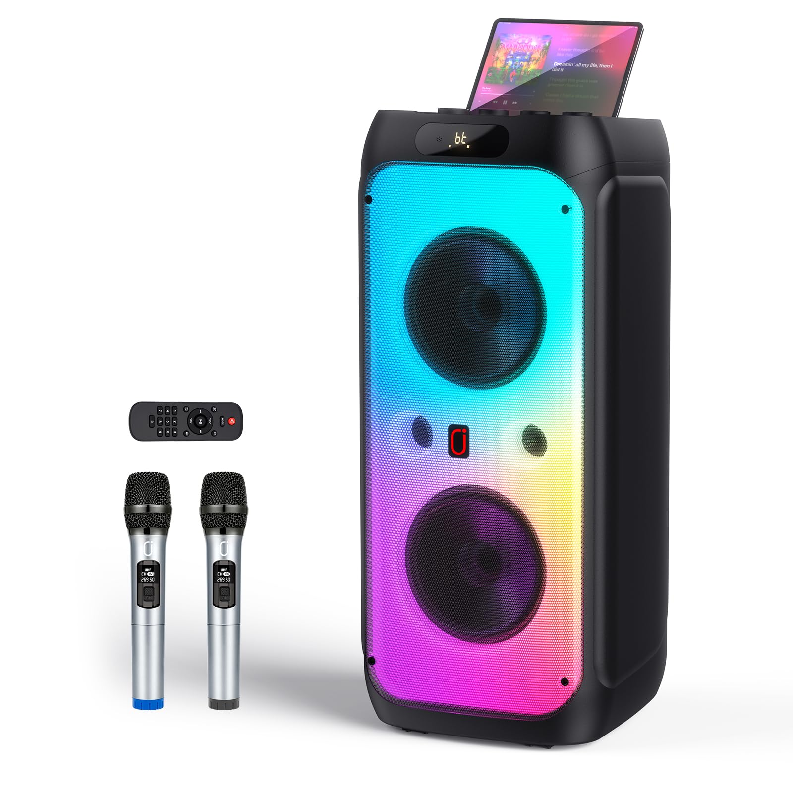 JYX Karaoke Machine with 2 Wireless Microphones for Adults, Karaoké Grand Format, 500W Large Karaoke Full Speaker with Party Lights, Portable Karaoke System Support TWS/AUX/FM/USB/TF Card
