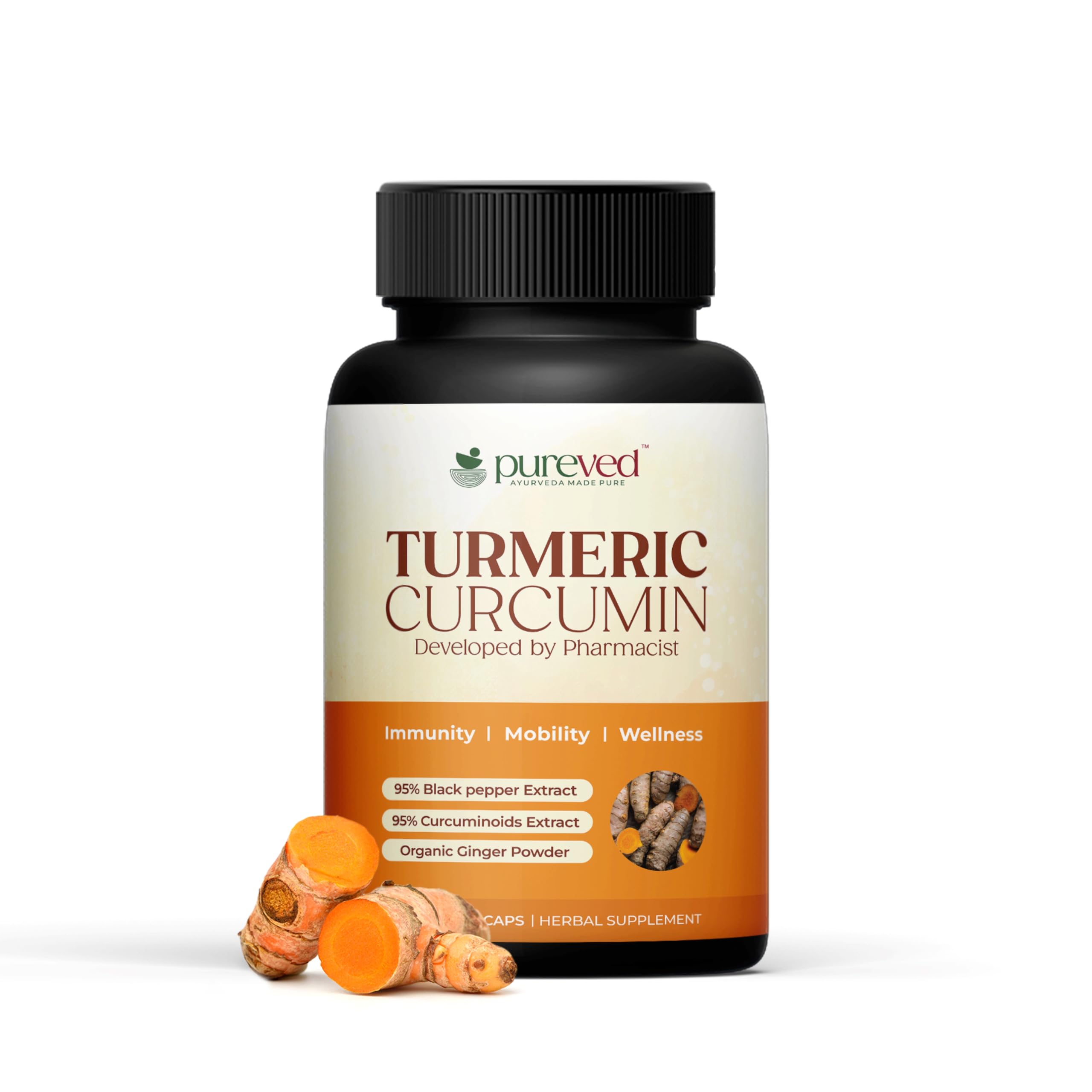 Turmeric Curcumin 90 Veg Capsules with Black Pepper & Ginger | High Potency Turmeric Supplement for Joint Support, Immune Health & Healthy Inflammation Response | Non-GMO