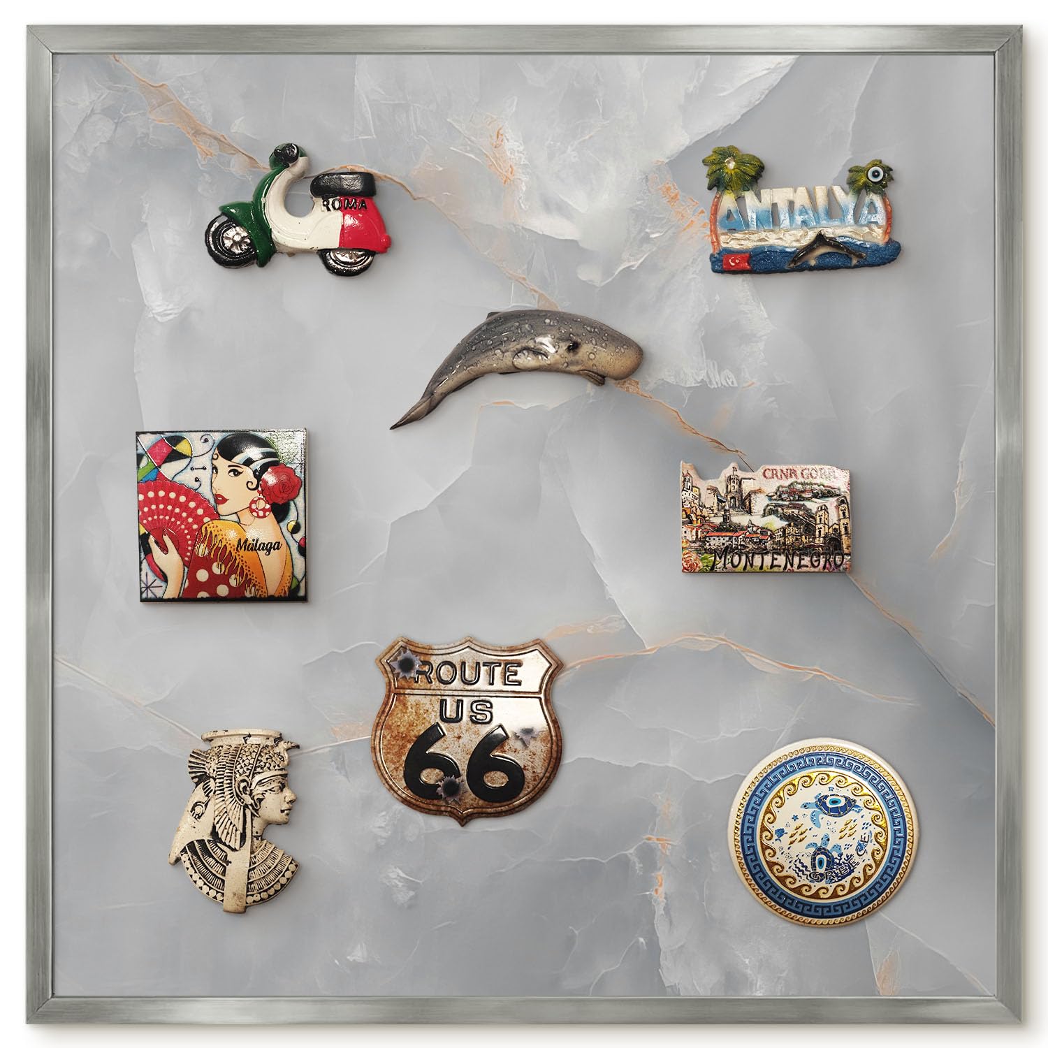 Magnetic Travel Souvenir Board 50x50 Gray Veins Silver Border