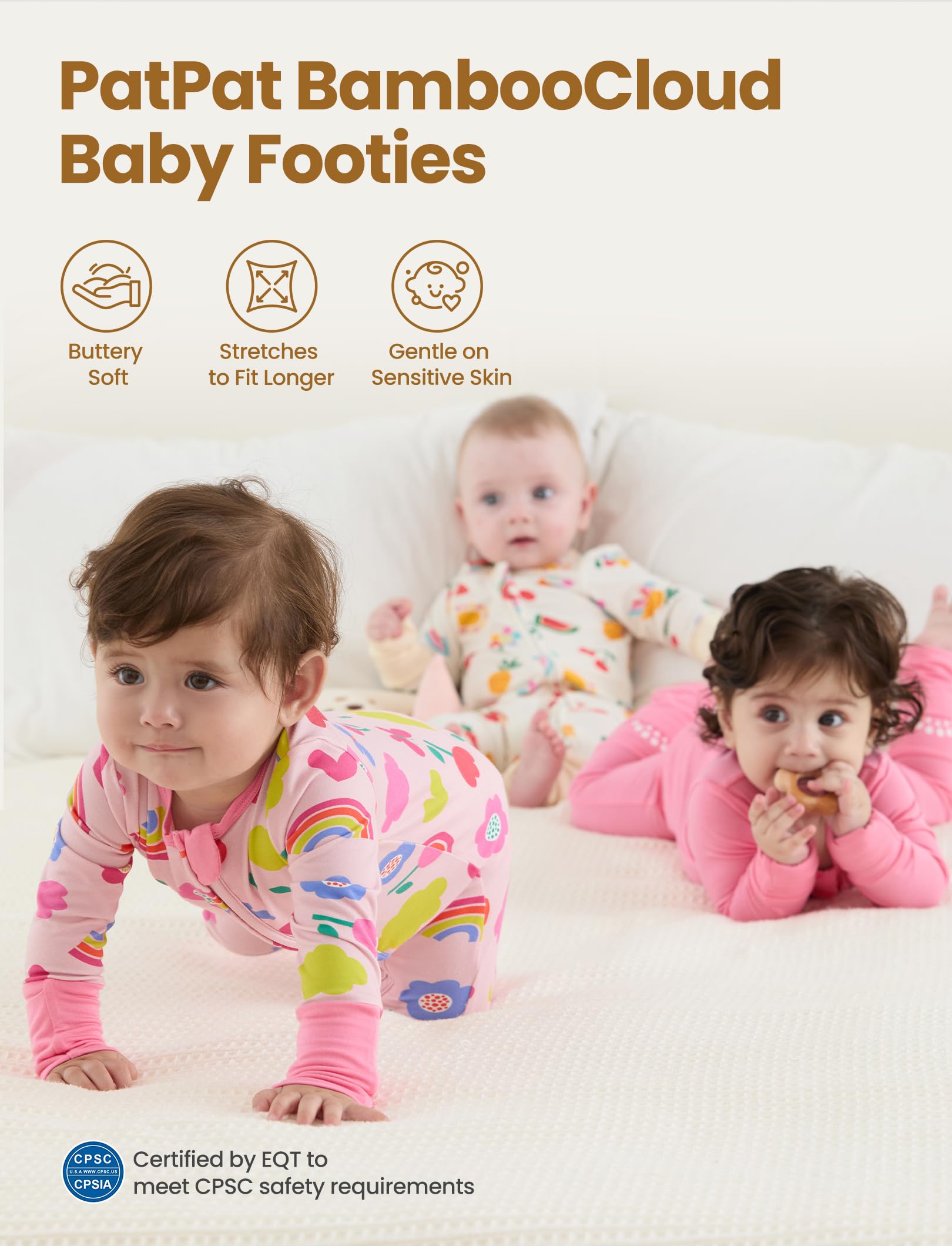 PATPAT Strampler 3er Pack für Unisex Baby Jungen Mädchen Babyschlafanzug mit Reissverschluss, Bambusviskose Schlafanzug Set mit Fuß Warme Winterkleidung 0-24 Monate
