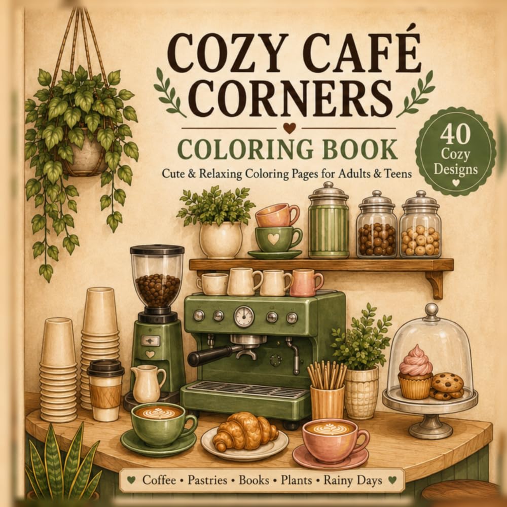 Title: Cozy Café Corners Coloring Book: Cute & Relaxing Coloring Pages for Adults & Teens