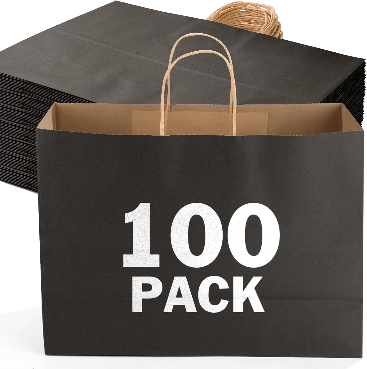 XPCARE 100Pack Kraft Paper Bags with Handles Bulk, 16x6x12 Inch Black Paper Bags, Kraft Shopping Bags for Small Business Merchandise,Wedding Party Favor Bags Black 1 Count (Pack of 100)