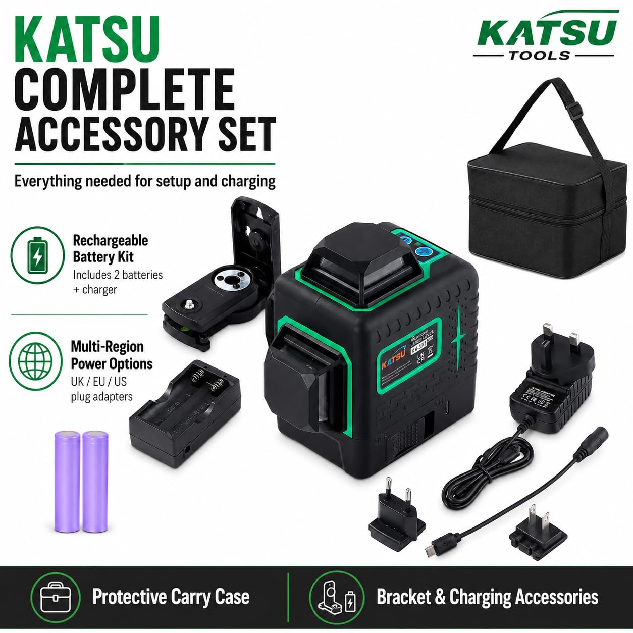 KATSU Niveau Laser 3D 12 Lignes, 3x360 Degrés Ligne Croix Verte Horizontale Verticale Auto-nivelant Carrelage de Sol Outil Laser avec Mode Impulsion pour Intérieur et Extérieur, 2X Piles Incluses