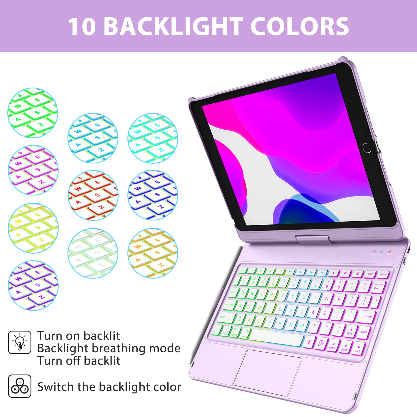 aMZCaSE Funda con Teclado para iPad 10.2 para iPad de 9.ª Gen 2021-360° Funda con Teclado inalámbrico Bluetooth con 7 retroiluminación Auto Sleep/Wake para iPad 9/8/7.ª Gen,Púrpura | 360° Funda con Teclado inalámbrico Bluetooth con 7 retroiluminación Auto