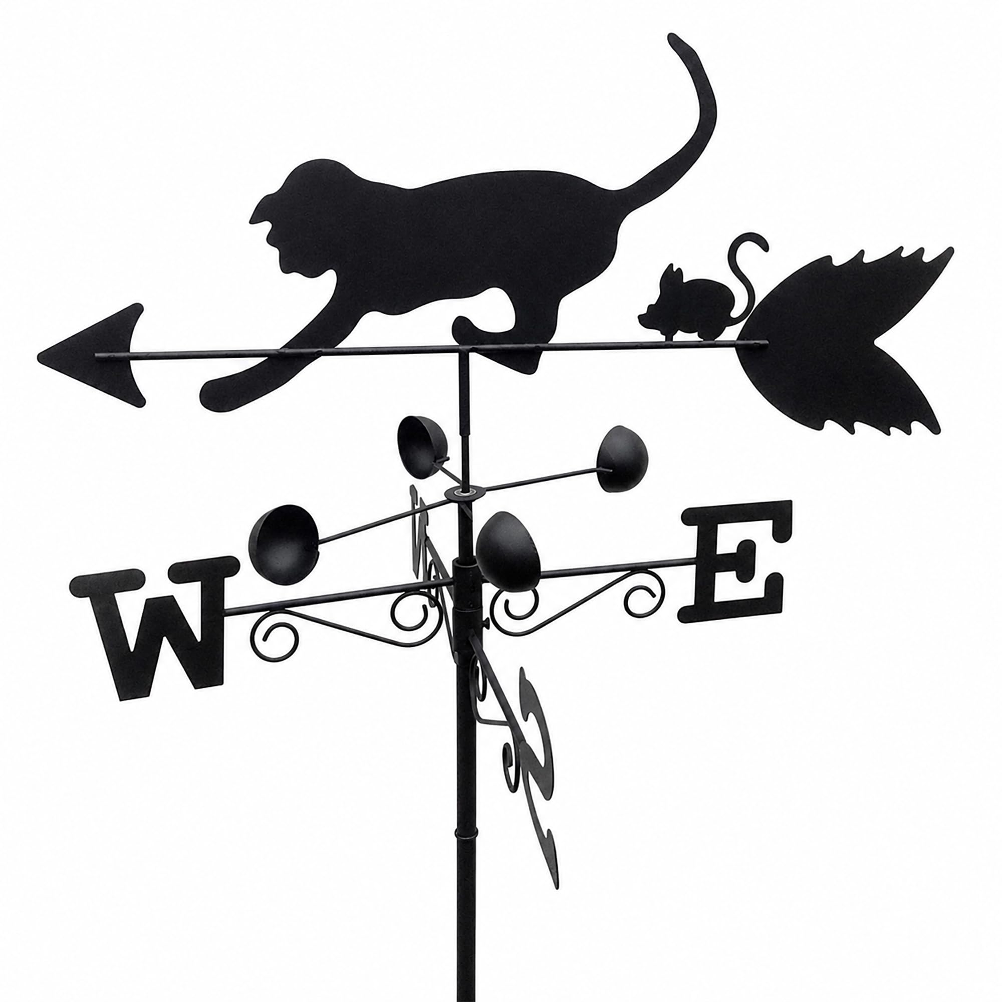 Garden Market Place Weathervane Cat and Mouse, Weather Vane with Wind Speed Cups, All-Steel Wind Direction Indicator, Wall Fixings & Ground Spike Garden Feature, Black Finish 50cm Wide, 1.7m Tall