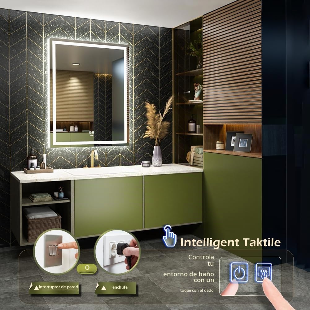GANPE Espejo de baño LED, Espejo de Maquillaje montado en la Pared, 6500 K LED de Alto Lumen antiniebla, IP44 Resistente al Agua+Vertical y Horizontal (90 x 60 cm)