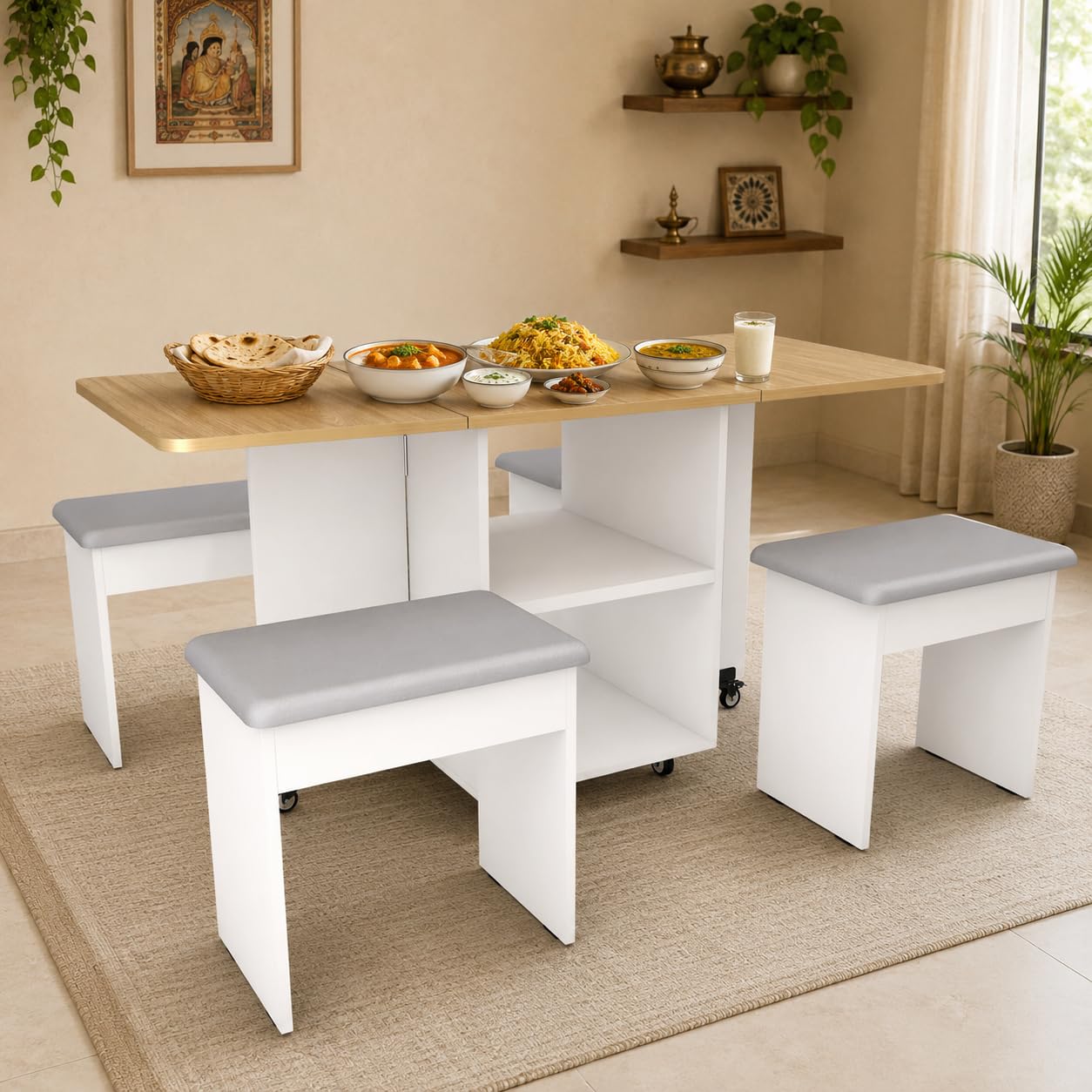 Studio Kook Bonbon 4 Seater Folding Dining Table with Inbuilt Seating | Engineered Wood Space-Saving Dining Table on Lockable Wheels | Compact Dining for Home (Matte Finish) (Moonshine White)