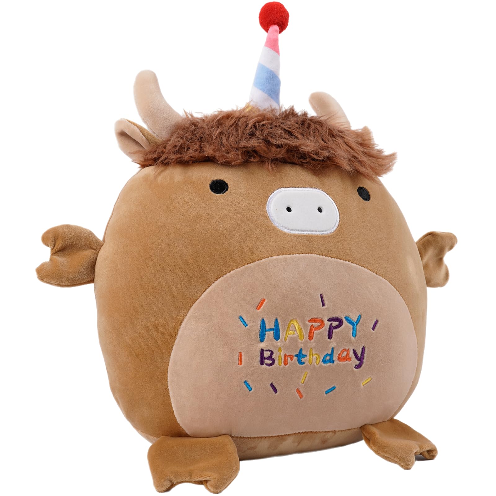 12 Inch Happy Birthday Highland Cow Plush Hugging Pillow - Cute Animal Plushies Toys - Brown Fluffy Scottish Cow Stuffed Animals Gift for Kids and Lovers