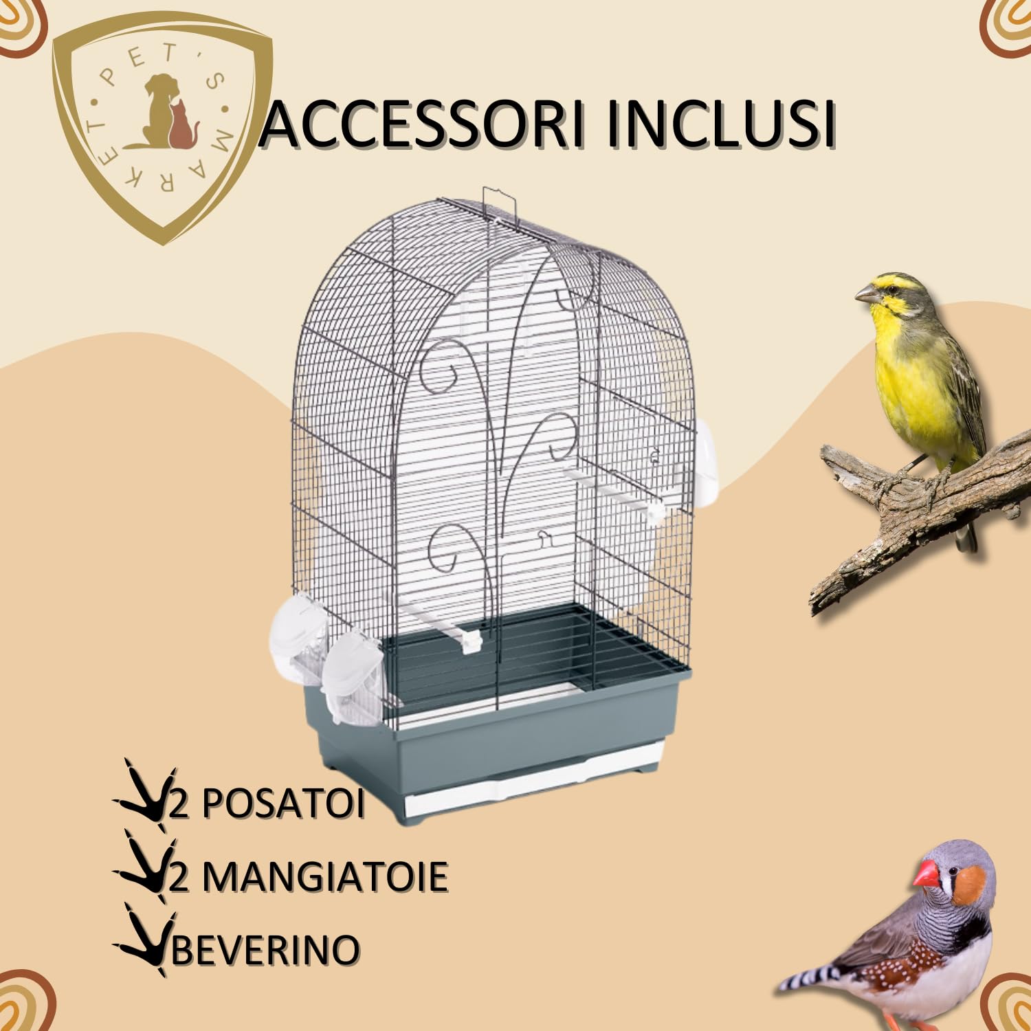 Pet's Market Gabbia Lisa Uccelli e piccoli Volatili 40x27x61h cm Mangiatoi Posatoi Beverini Vaschetta Estraibile (Grey)