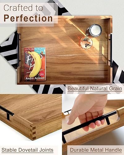 Miniatura 5 de Bandeja de madera de acacia de 22 pulgadas con asas de metal, bandeja otomana rectangular grande de madera, diseño decorativo y duradero para sala