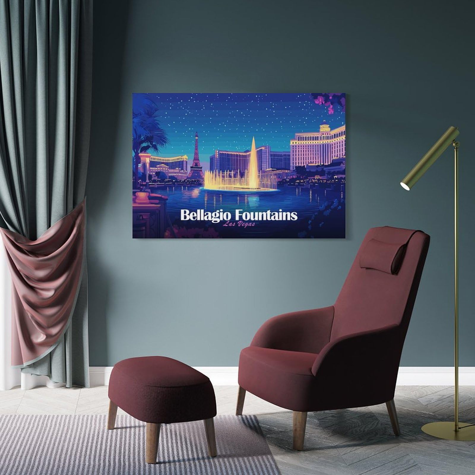 Junmoney Frame-Style-2-1 Hanging Wall Art Bellagio Fountains Las Vegas Night, 20X30inch(50X75cm), For Entryway, Lounge Links Or Small Walls, A Neat Decor Update For Hallways