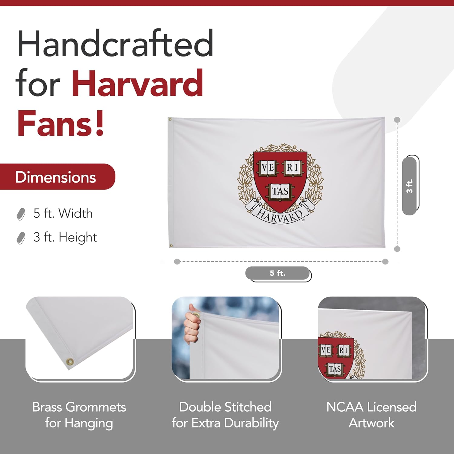 Harvard Crimson College Sports Printed Flag - NCAA Licensed - Nylon - School Banner (White, Red) (3' x 5')