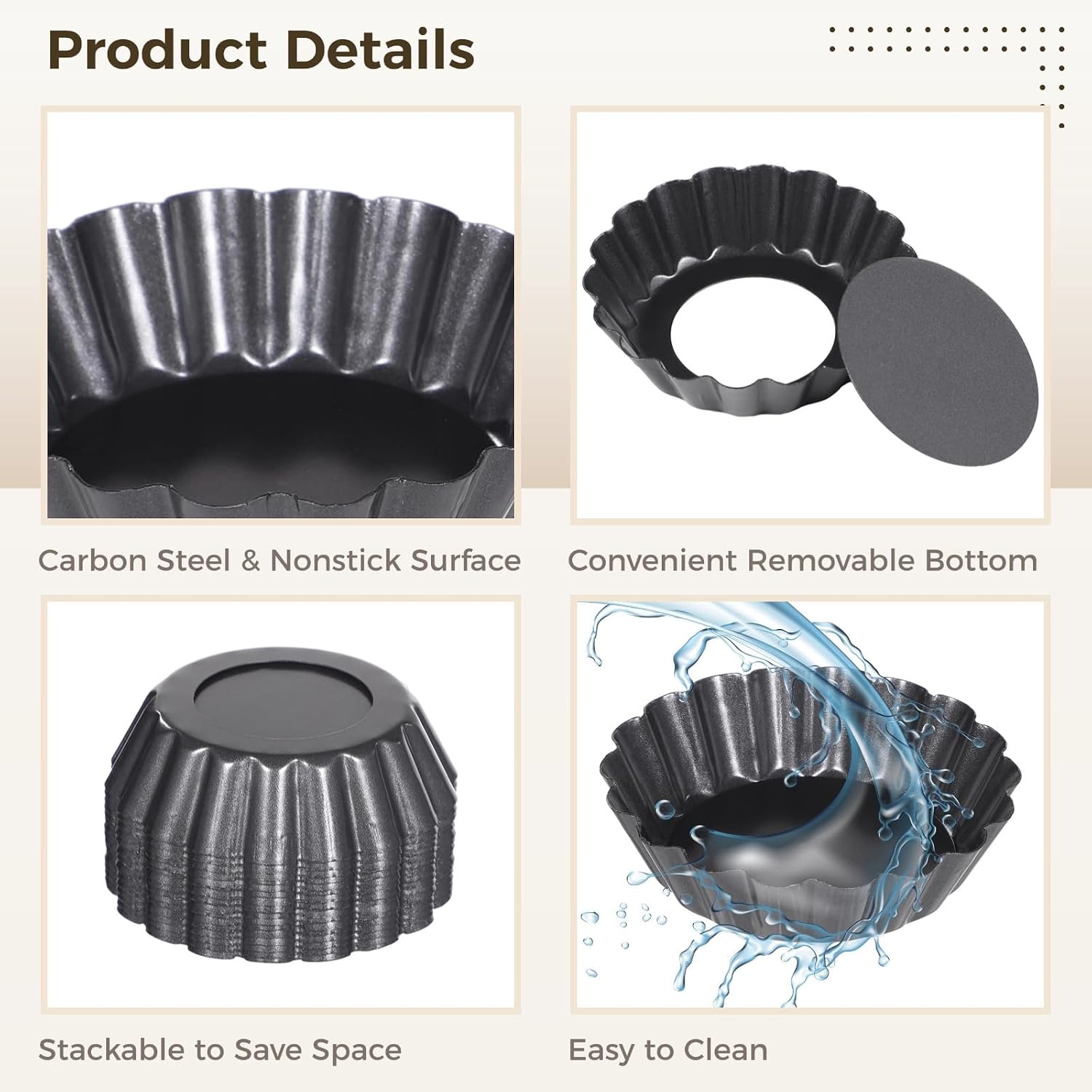 16 Mini 3 in Fluted Removable Bottom Tart Pans, Carbon Steel Nonstick Cake Molds, Flower Shape Pie Baking Cups, for Tarts, Pudding, Brownies, Mini Quiche