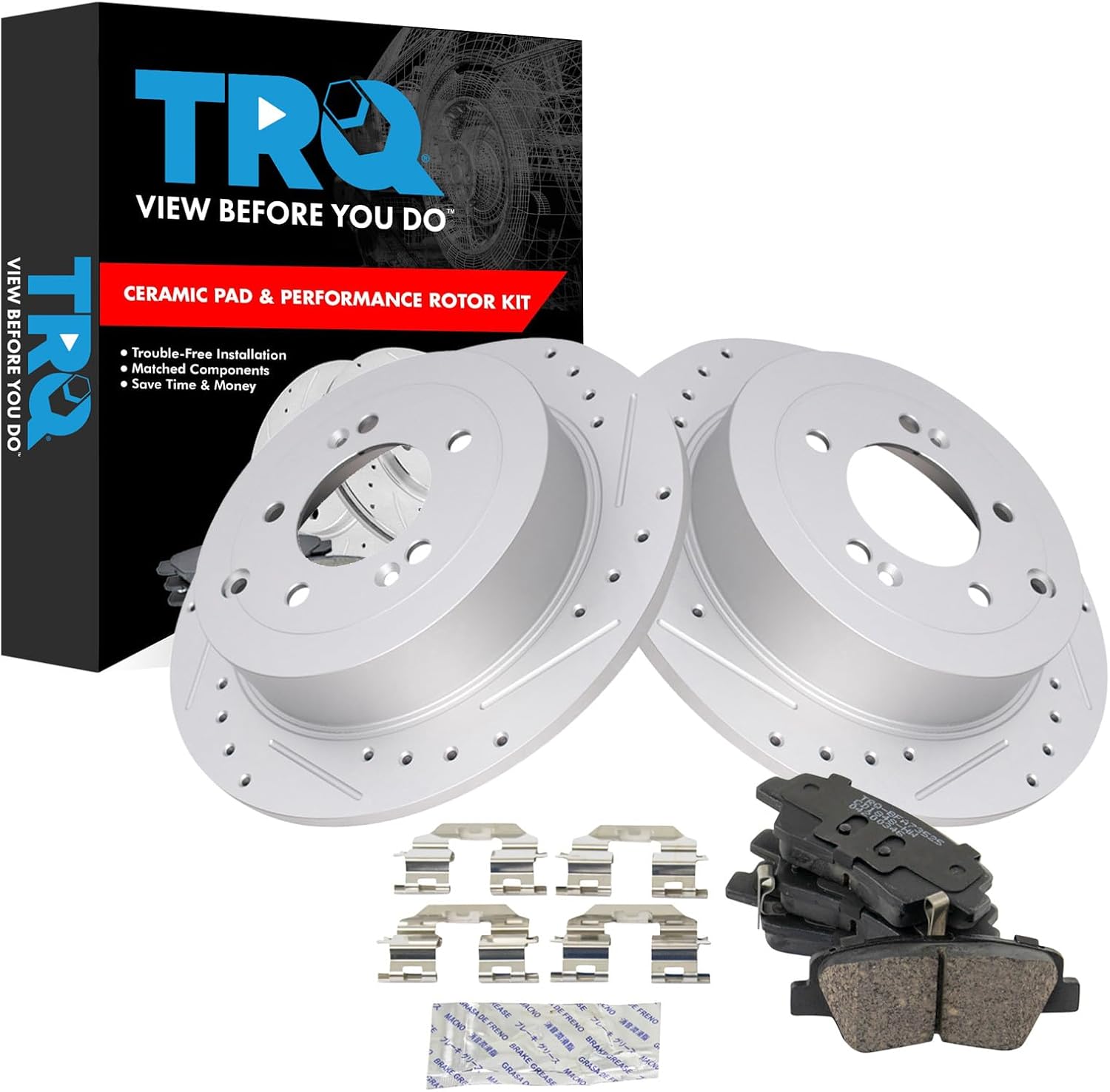 TRQ Rear Brake Pad and Rotor Set Ceramic Coated Drilled Slotted Rotors Compatible with 2016-2021 Hyundai Tucson 2017-2020 Kia Sportage