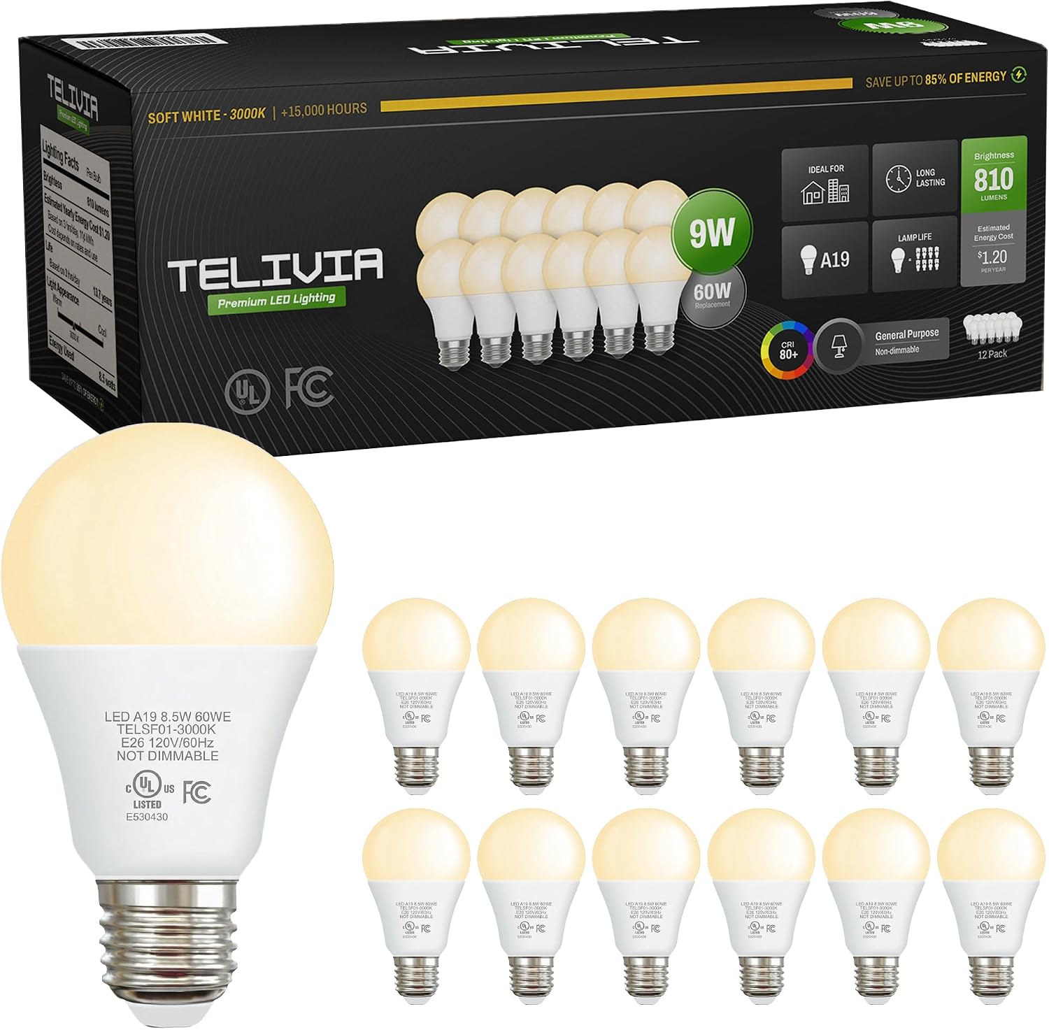 A19 LED Light Bulbs, 12 Pack, 60 Watt Equivalent, 9W Soft White Warm White 3000K LED Light Bulb, 810 LM, Bedroom, Living Room, Kitchen, Garage, Soft White LED Light Bulbs, Non-Dimmable, E26, UL Listed