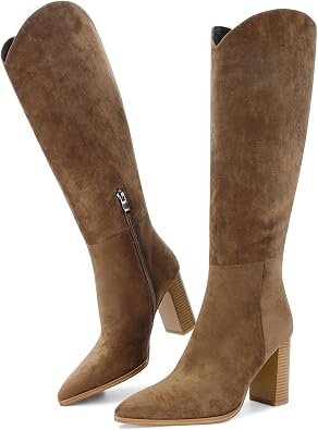 Knee High Boots for Women, Comfortable Chunky High Heel Pointed Toe Wide Calf Leather Tall Boots with Side Zip