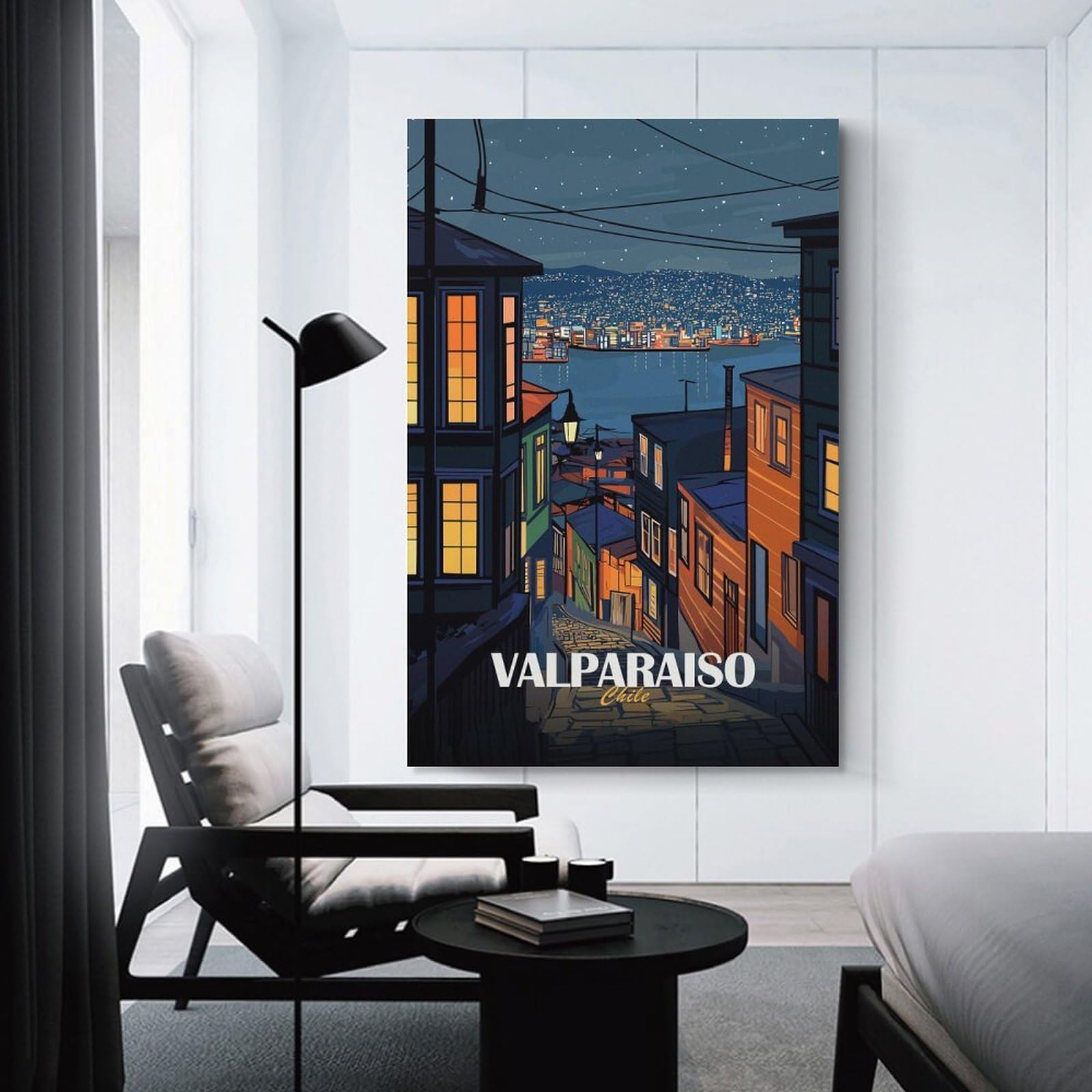 Junmoney Room Decor Wall Art Valparaiso Chile Night Cityscape Art, 20x30inch(50x75cm), for Living Room, Lounge Or Sitting Room, Canvas Styling for A Polished Room Look