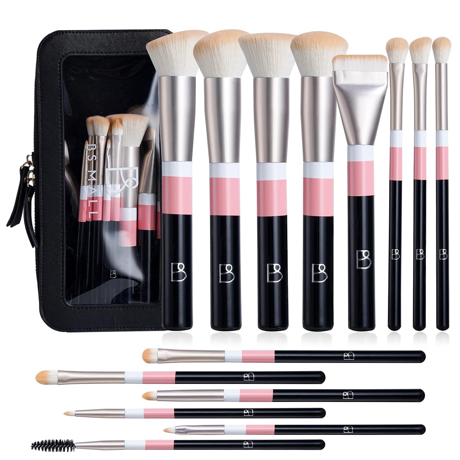 BS-MALL Makeup Brushes Set with Bag 14 Pcs, Travel Friendly Brush Set for Women, Powder Blush Eyeshadow Concealer Foundation Brush, Multi Purpose Daily Use Makeup Brush Kit