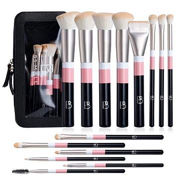 BS-MALL Makeup Brushes Set with Bag 14 Pcs, Travel Friendly Brush Set for Women, Powder Blush Eyeshadow Concealer Foundation Brush, Multi Purpose Daily Use Makeup Brush Kit