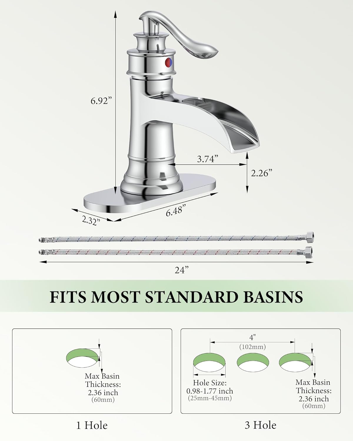 Homevacious Bathroom Faucet Waterfall Sink Faucets Bath Chrome Single Handle Farmhouse Sink Vanity 1 Hole or 3 Hole Basin Mixer Tap Lavatory Faucet with Deck Plate - Polished Chrome