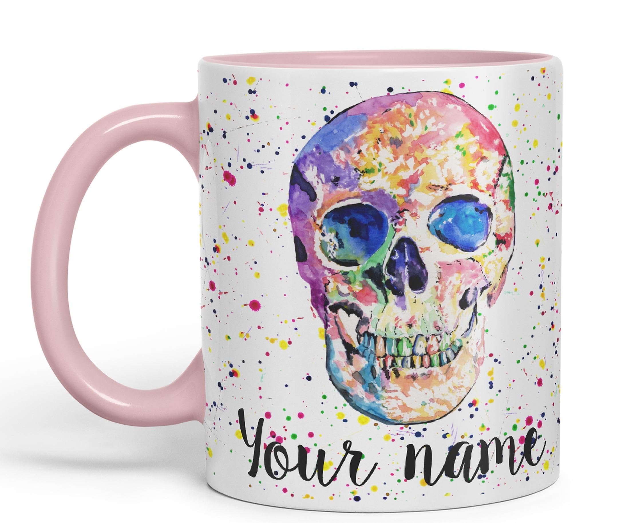 Vixar Personalised with Your Text Skull Front Art Coloured Ceramic Mug Cup Gift 330ml 11oz Custom Work Office Tea Coffee (Pink)
