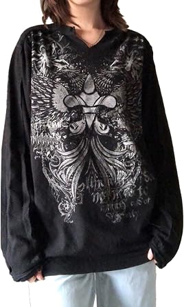 Zempertoopa Womens Y2K Fairy Grunge Sweatshirt Long Sleeve Graphic Print Oversized T-Shirt Gothic Streetwear Pullover Top