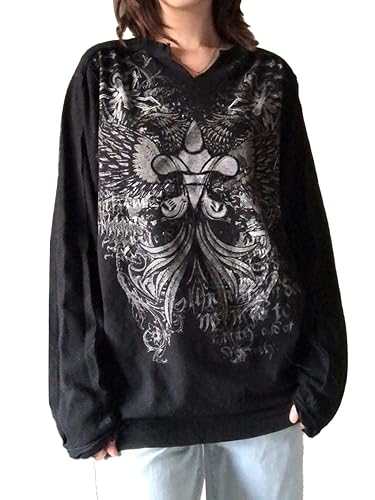 Zempertoopa Women's Y2K Fairy Grunge Sweatshirt Long Sleeve Graphic Print Oversized T-Shirt Gothic Streetwear Pullover Top