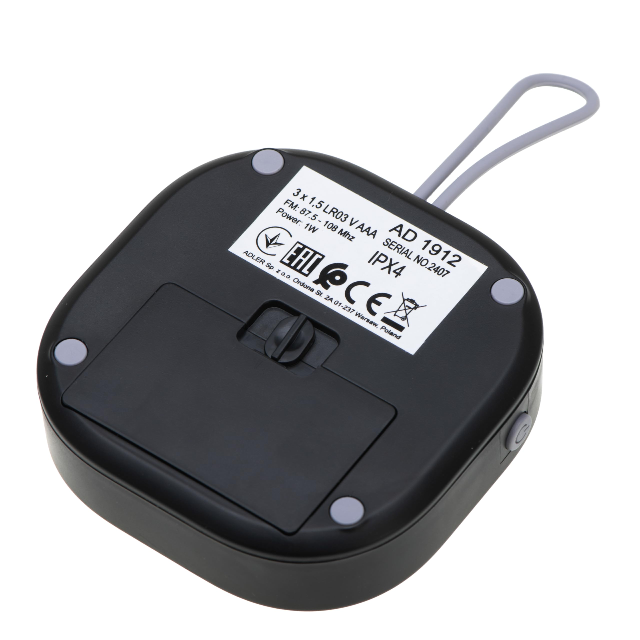 Adler Radio de Salle de Bain numérique AD 1912, IPX4 étanche, FM 87,5-108 MHz, écran LCD, Fonction Double Alarme, Fonction répétition, Crochet en Silicone Souple, Noir