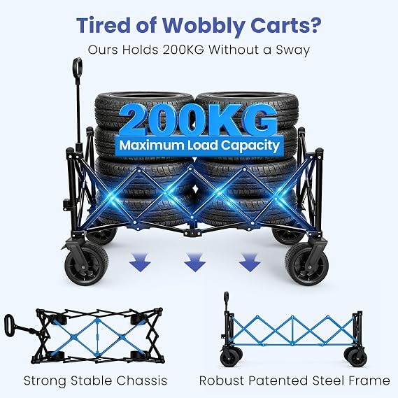 BEAU JARDIN XXL Festival Trolley on Wheels 300L 200KG, Folding Wagon Portable Camping Cart Collapsible Foldable Trolly for Beach Outdoor Garden Picnic Shopping Fishing, Wide Wheels Adjustable Handle