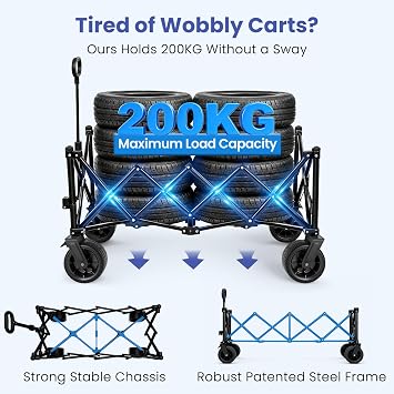 BEAU JARDIN XXL Festival Trolley on Wheels 300L 200KG, Folding Wagon Portable Camping Cart Collapsible Foldable Trolly for Beach Outdoor Garden Picnic Shopping Fishing, Wide Wheels Adjustable Handle