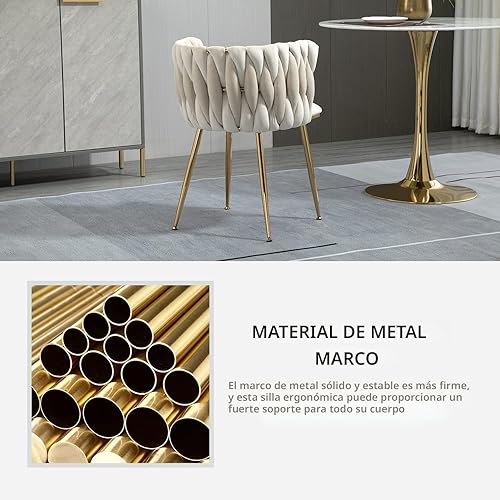 Miniatura 8 de Nrizc Juego de 4 sillas de comedor de terciopelo, sillas de comedor tapizadas tejidas con patas de metal dorado, sillas decorativas modernas para