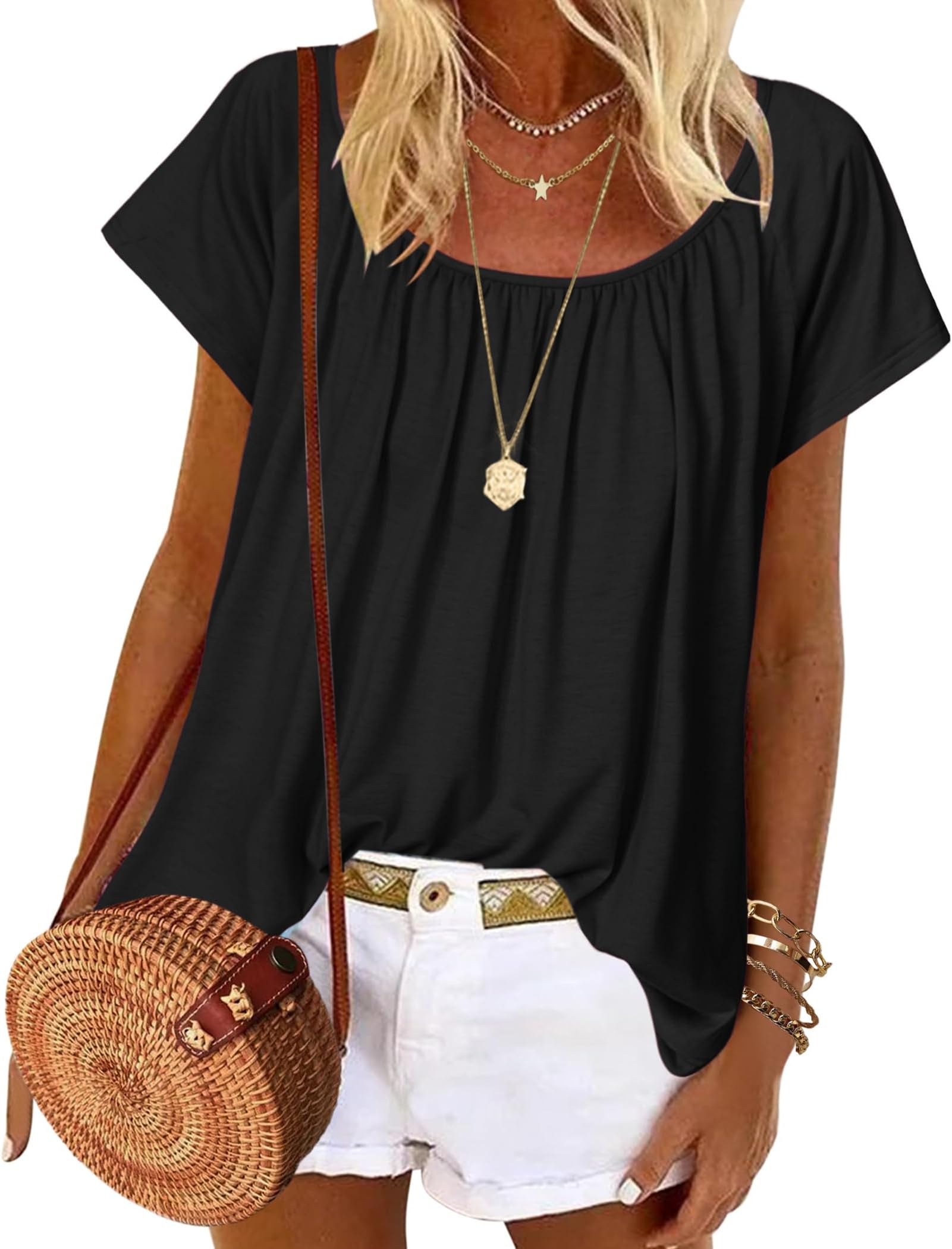 HOTOUCH Womens Summer Tunic Tops Short Sleeve Shirts Crewneck Casual Blouse Loose Pleated Tops S-XXL