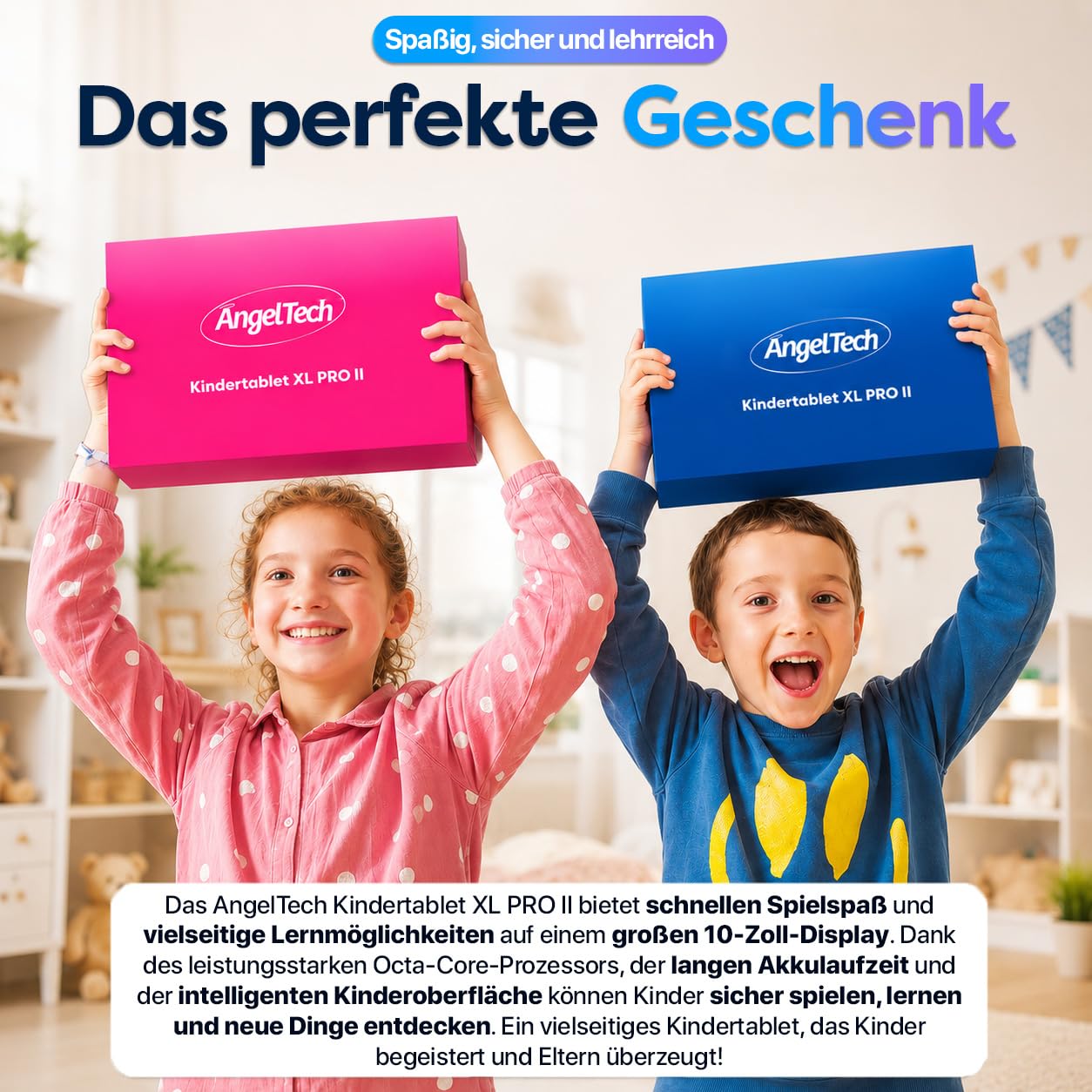 AngelTech Kindertablet XL Pro II – 10 Zoll HD 2025 – Android 16 Kinder Tablet mit Kindersicherung – 6GB RAM + 8GB virtuell, 128GB Speicher – Tablet für Kinder mit Schutzhülle – Rosa