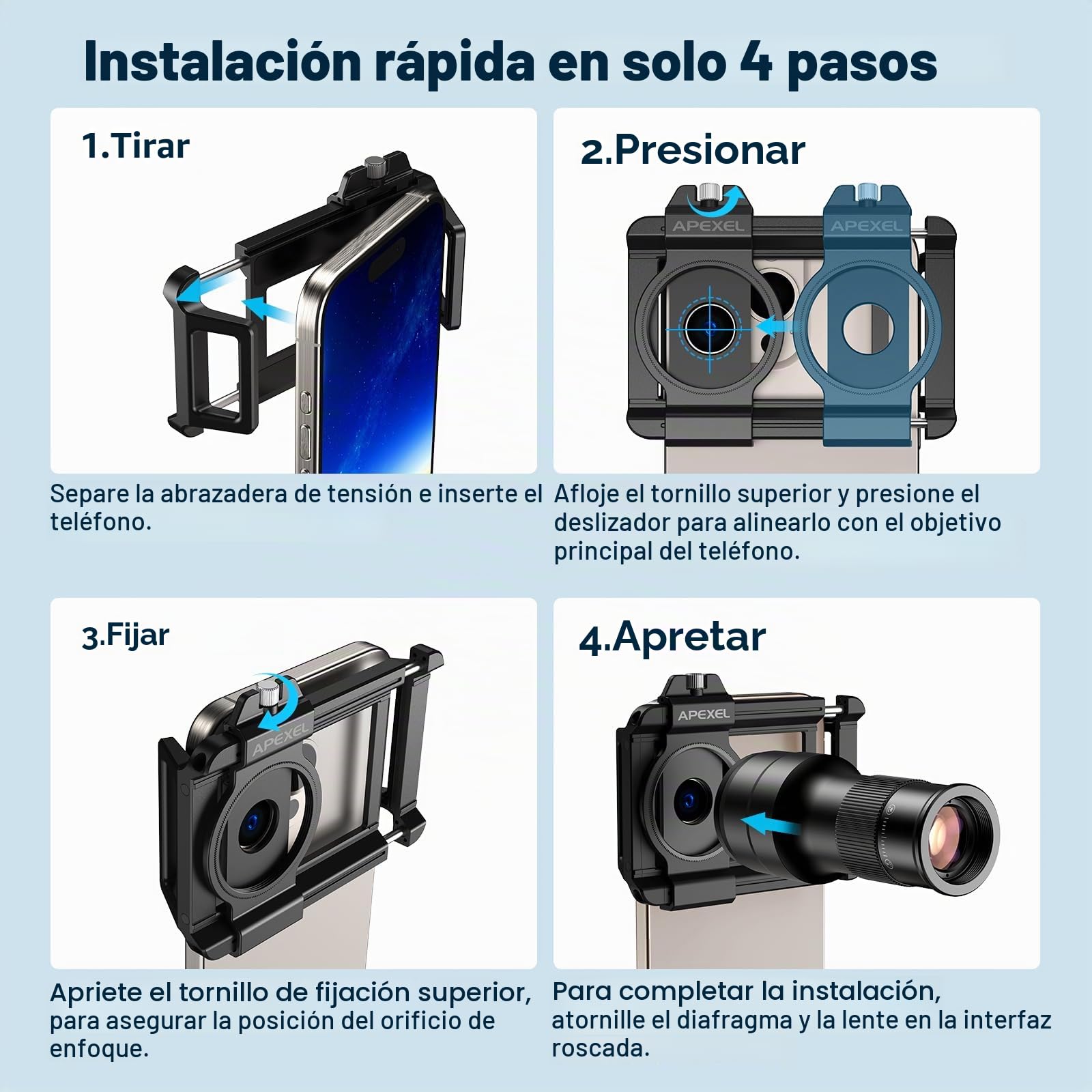 APEXEL Teleobjetivo HD 6X con Enfoque Fijo y Clip Universal Mejorado, Objetivo Macro de teléfono móvil de 150 mm, Kit de Lente de teléfono móvil con Doble función, Adecuado para la mayoría de