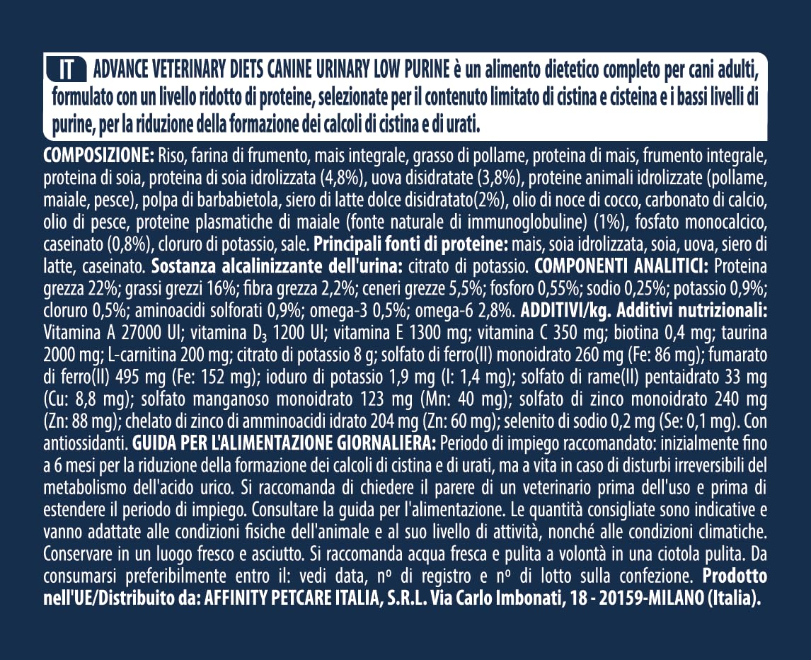 Advance Veterinary Diets Urinary Low Purine - Cibo per Cani con Problemi Urinari - 12Kg