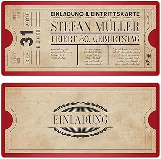 Kartenmachen.de Personalisierte Vintage Geburtstagseinladungen (als Set ab 10 Stück) als Eintrittskarte mit Abrissstreifen im Vintage Ticket Look in Rot, DIN Lang, dickes 300g/qm Papier
