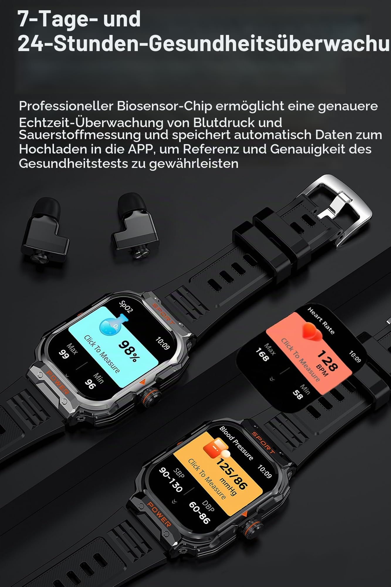 Herren Smartwatch mit Kopfhörer Bluetooth in Ear Laufuhr Schrittzähler Uhr Fitness Tracker Militär Sportuhren Pulsuhr Fitnessuhr Blutdruck Telefonfunktion Schlafmonitor TWS Headset